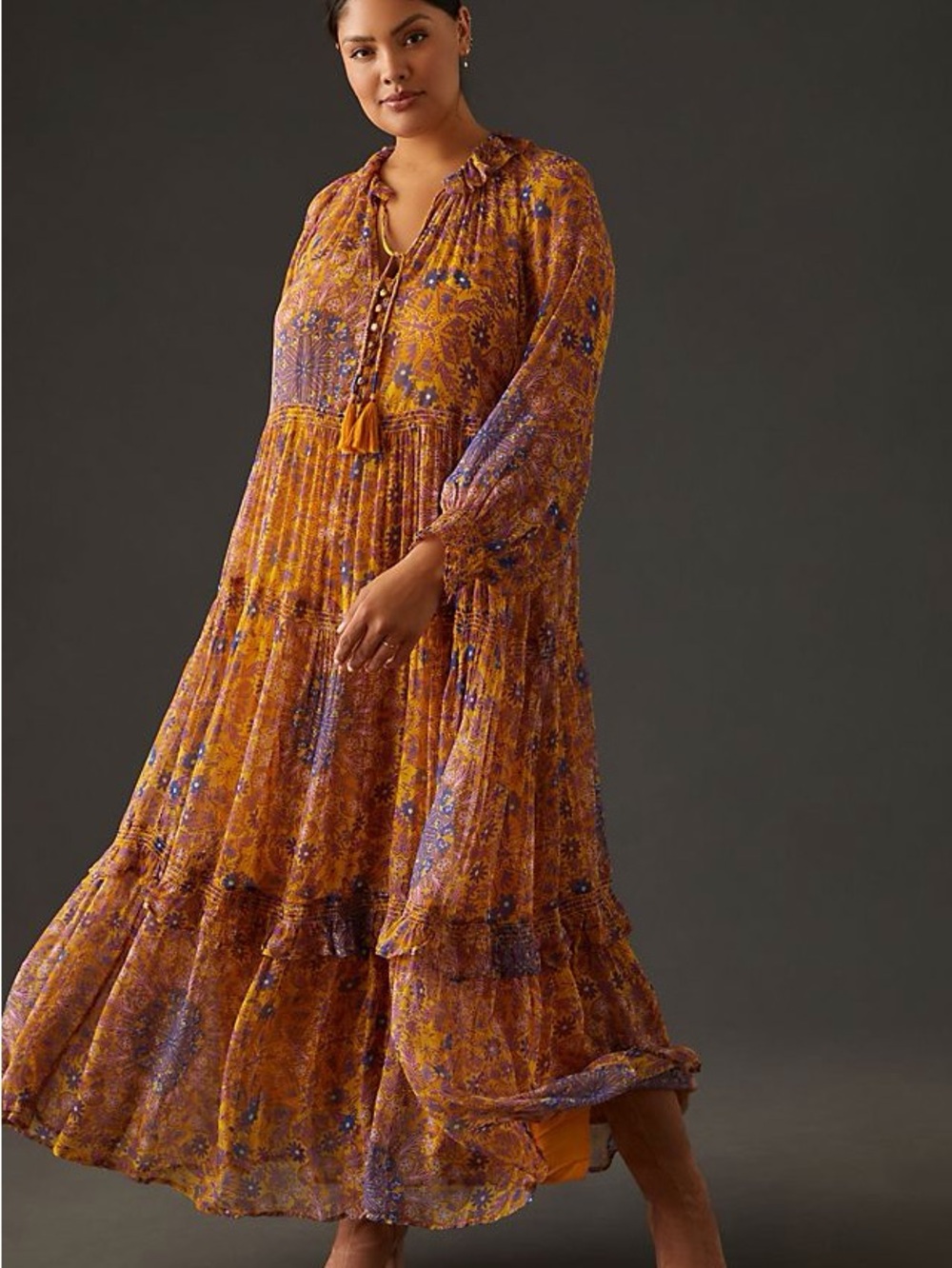 Anthropologie Mustard & Purple Floral Maxi Dress